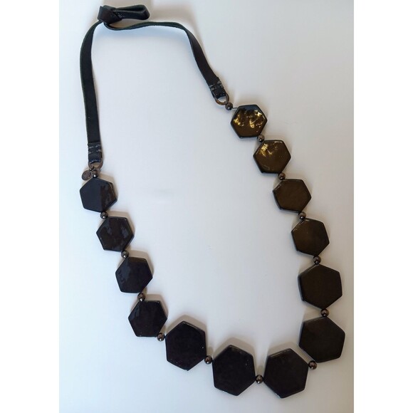 Express Signed Black Geometric Hexagon Statement Necklace 28-30 in - Picture 6 of 10